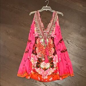 Shahida Parides Vibrant Hot Pick Floral Beaded Dress, size L